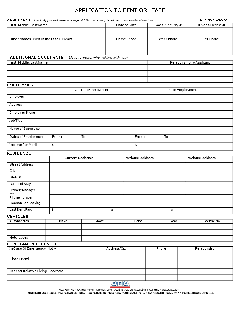 Lease Rental Application Form