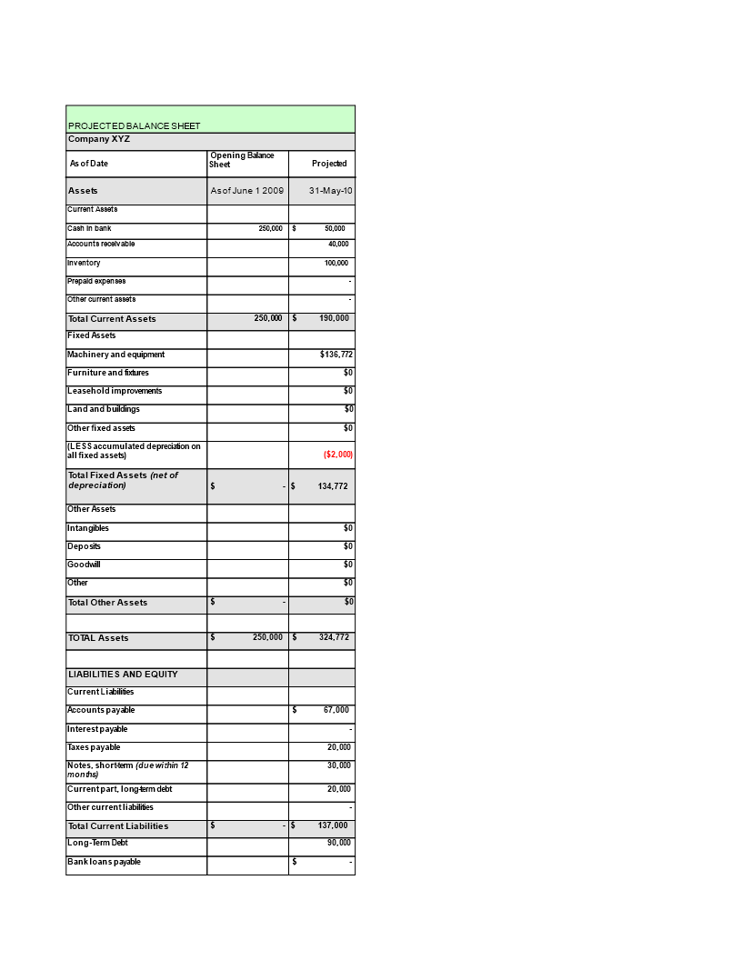 Projected Balance Sheet Format