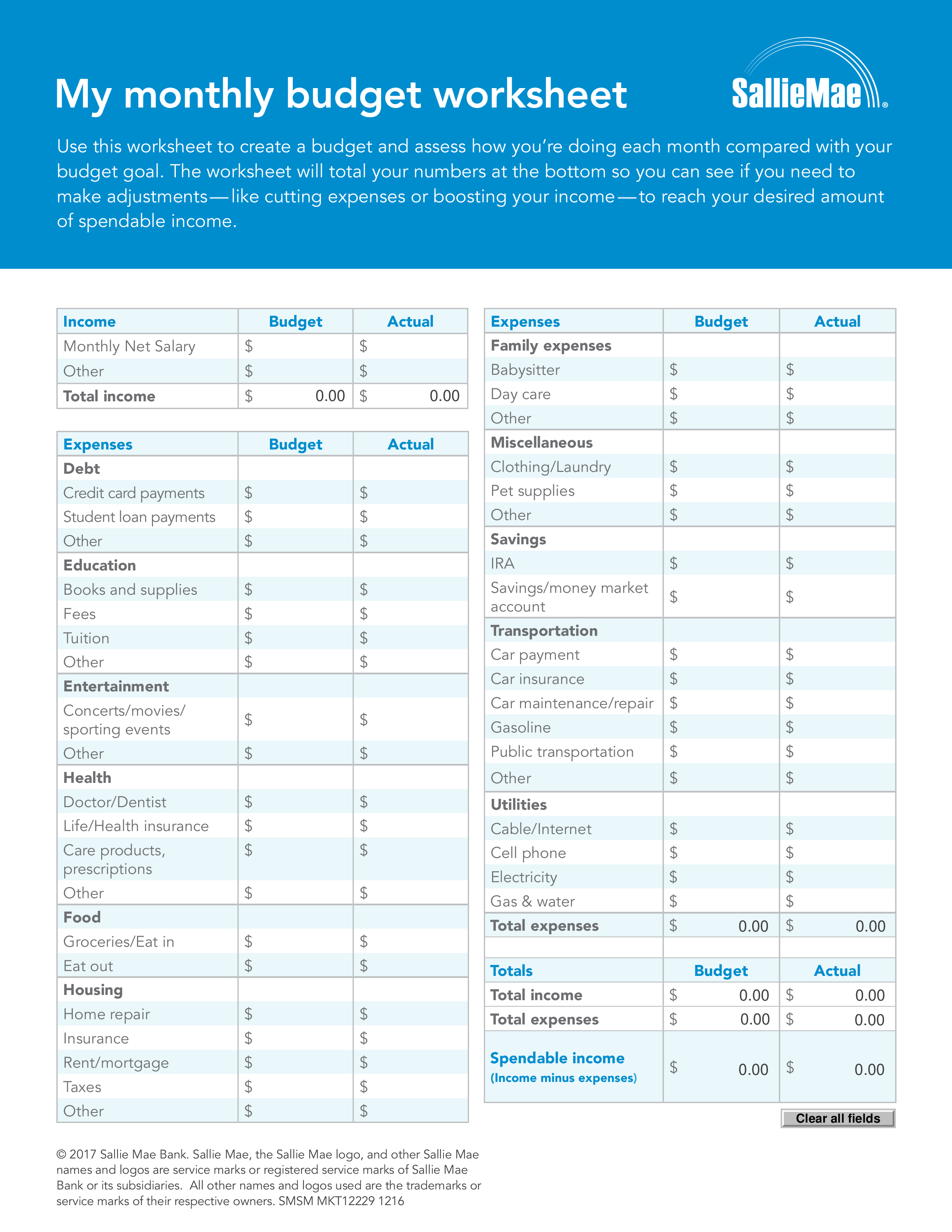 Monthly Budget Worksheet