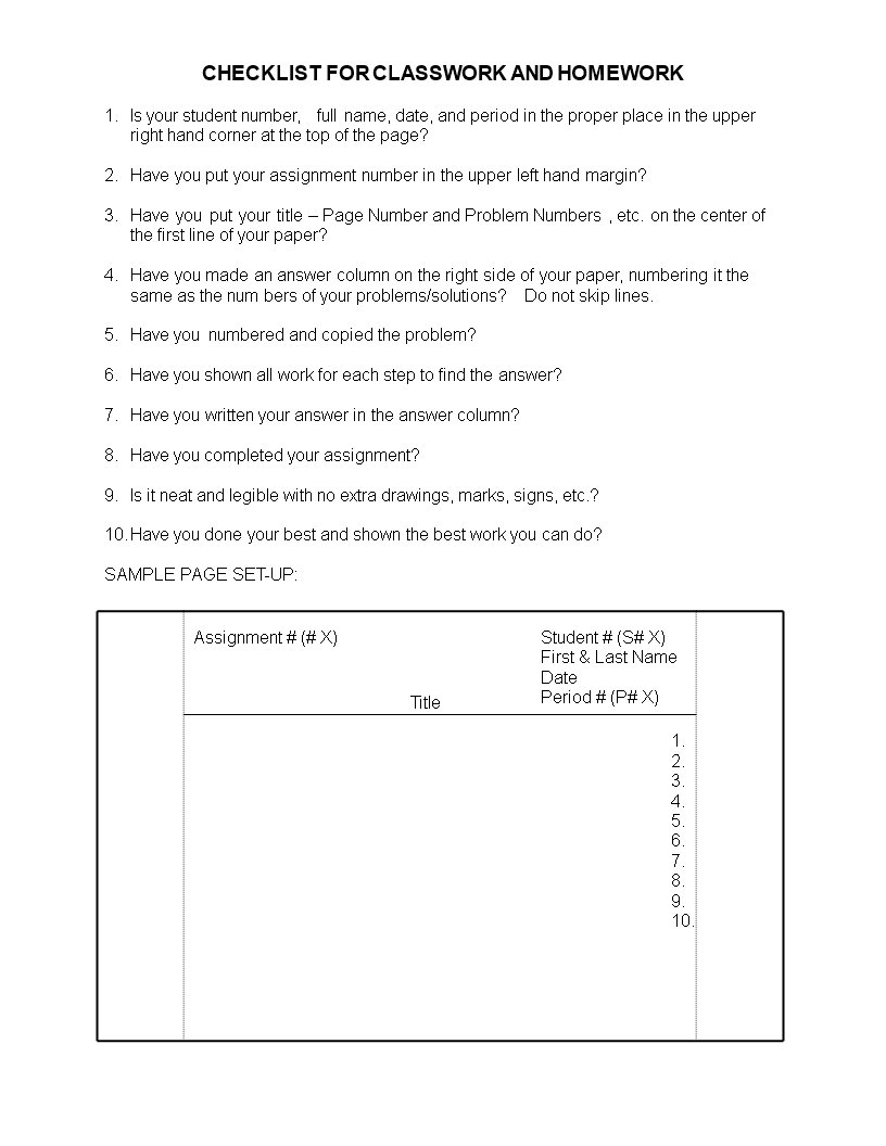 Class Homework Work Checklist Template