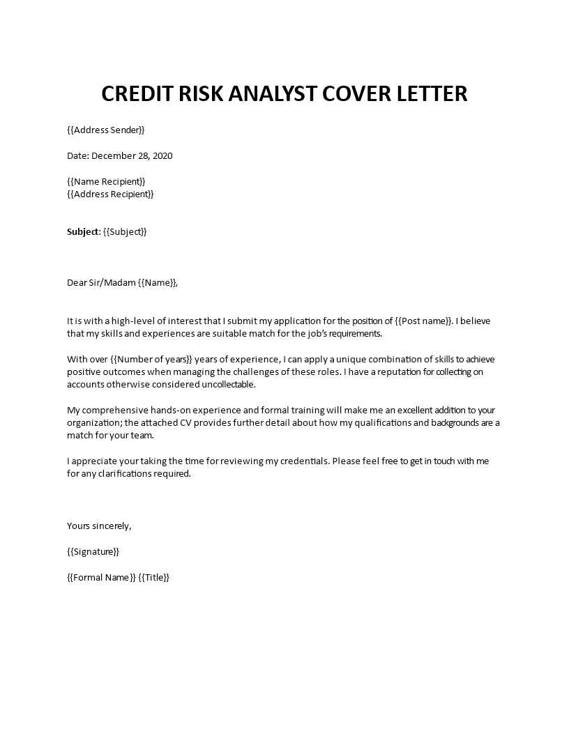 cover letter sample for credit analyst