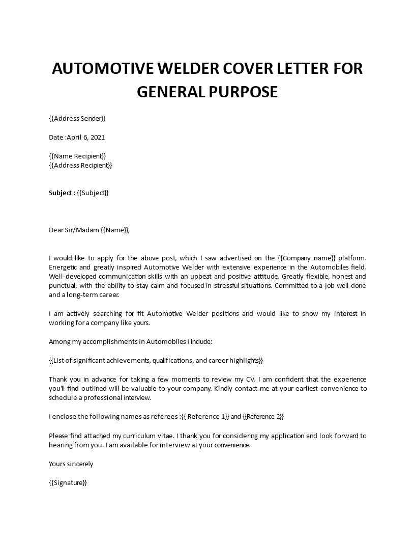 simple application letter for welder sample