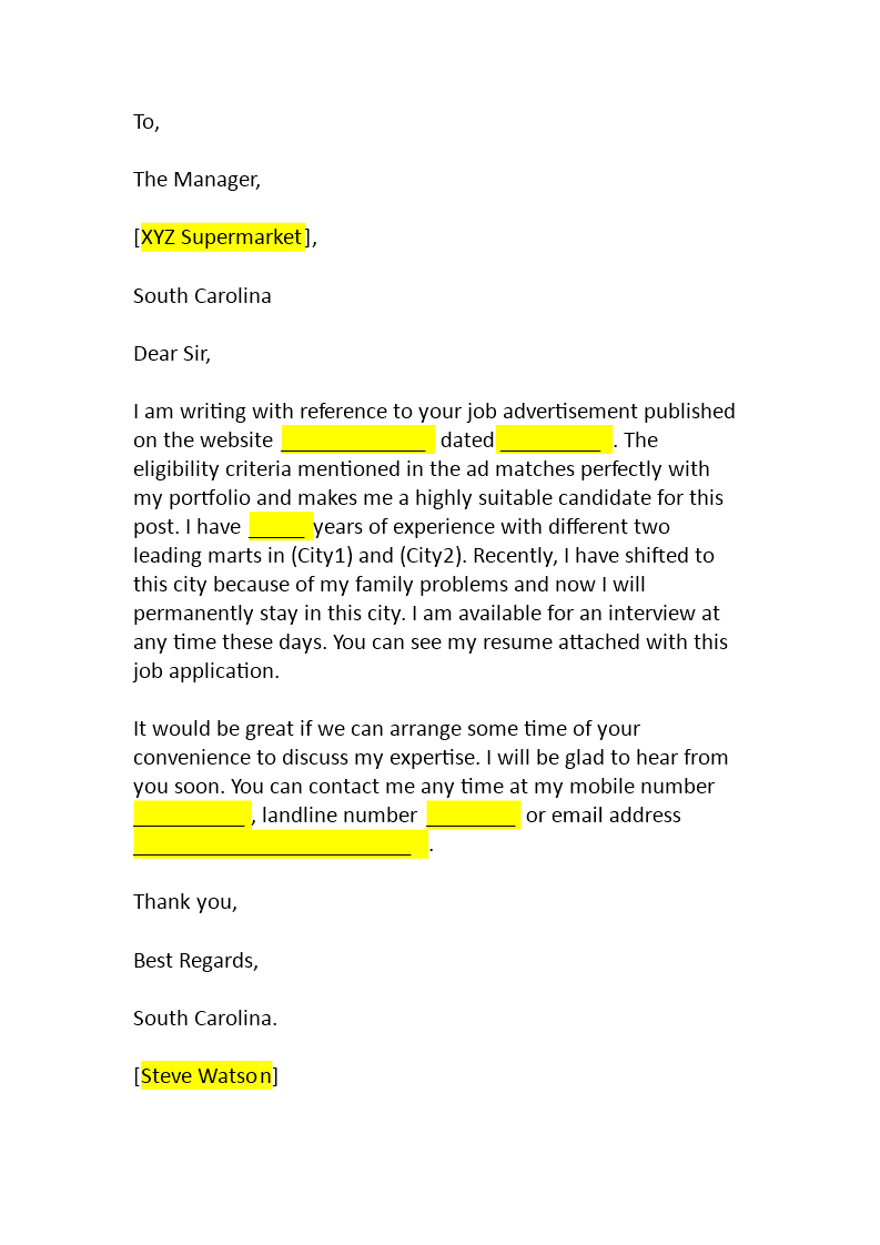cover letter for working at a supermarket