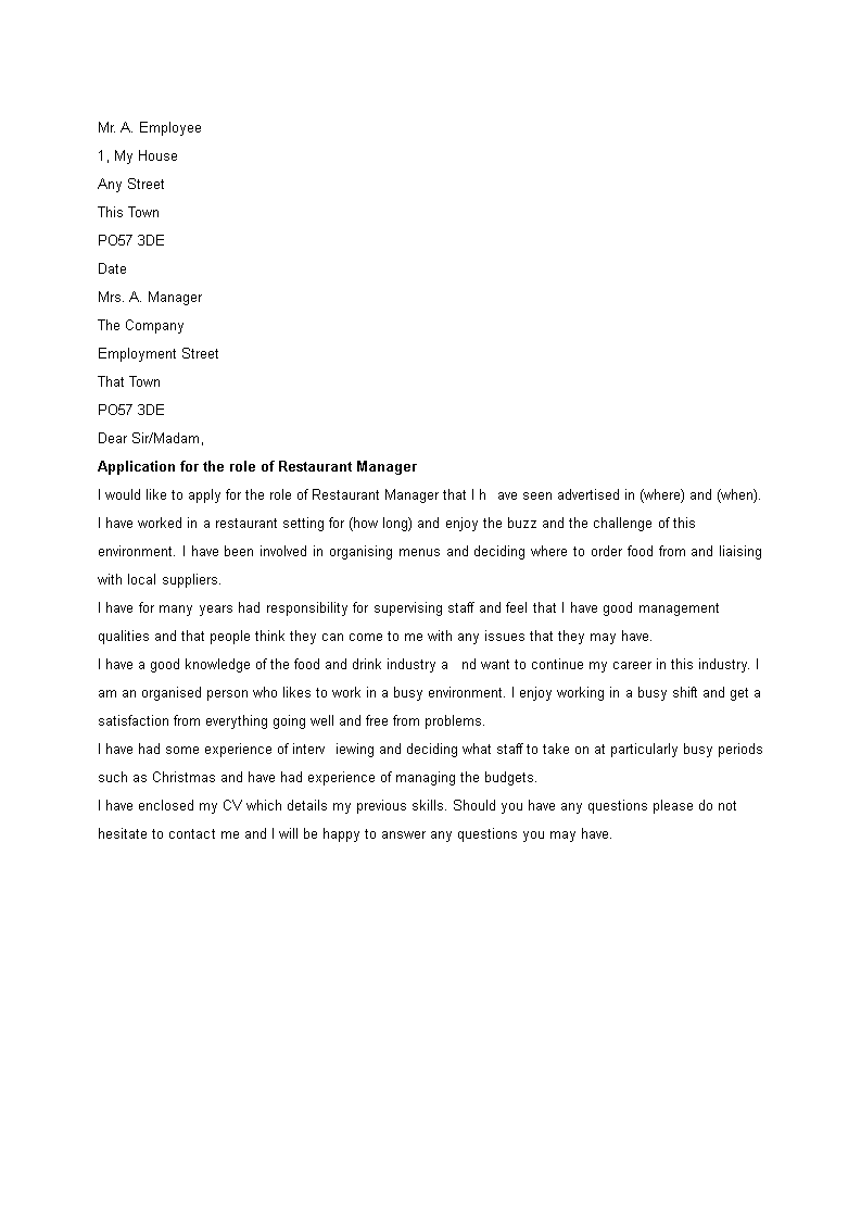 Restaurant Manager Resume Cover Letter | Achieve Success as a Manager ...