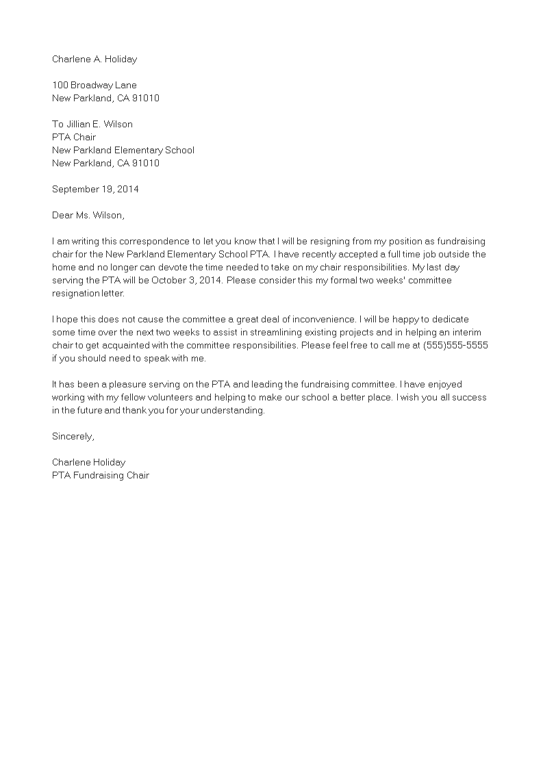 Volunteer Committee Resignation Letter