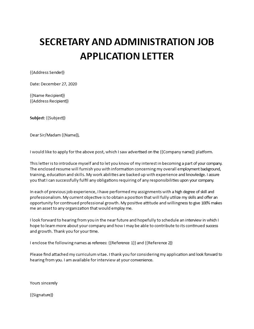 an application letter for a secretary position