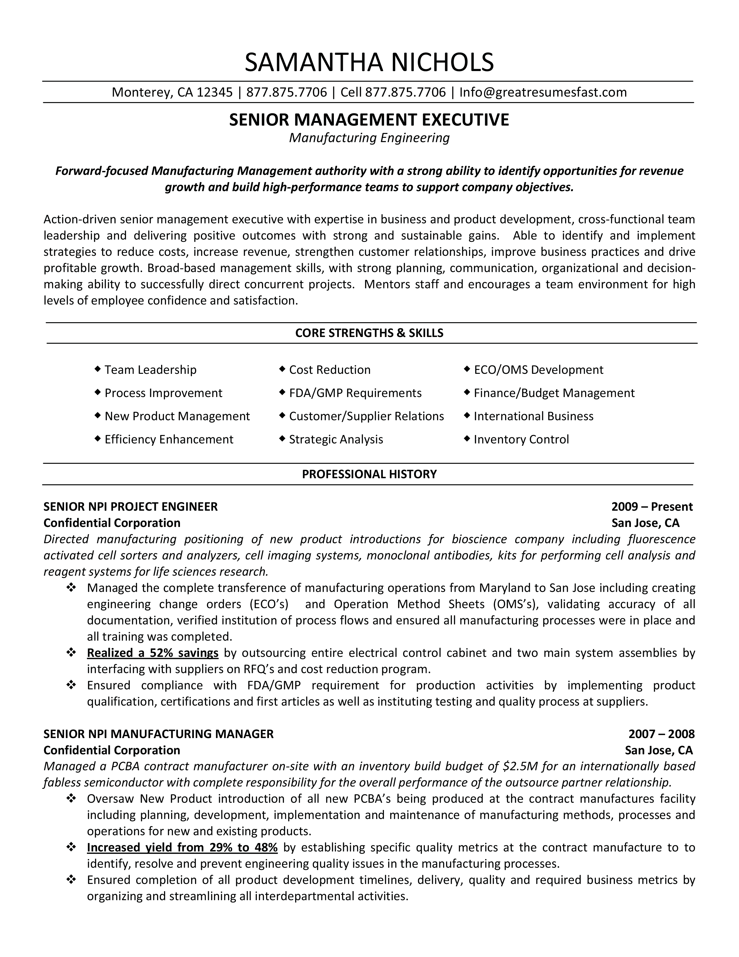 Manufacturing Engineering Resume