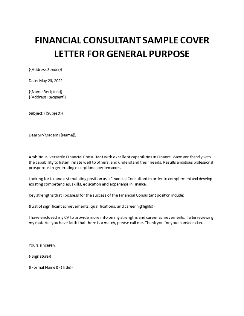 sample cover letter for financial consultant