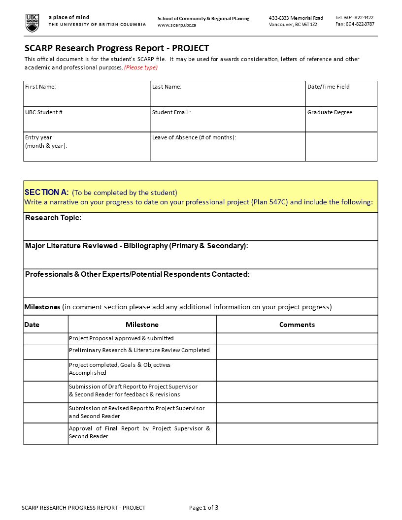 Research Progress Report Template For Student Project Section