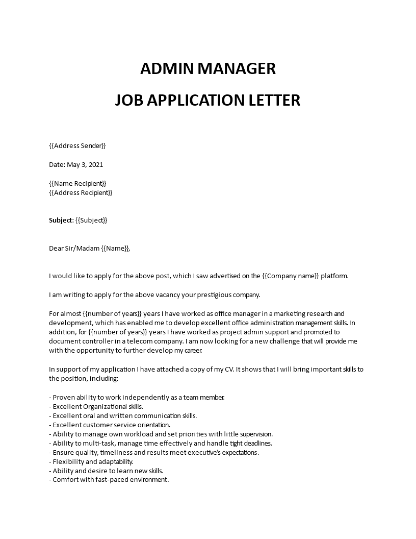 cover letter for admin manager job