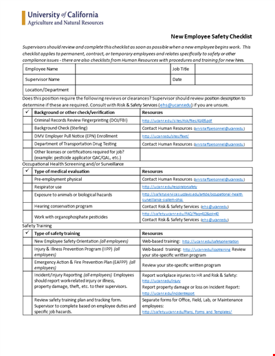 New Employee Safety Checklist Template - Comprehensive Safety Training | UCANR