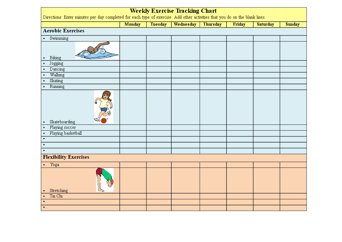 Exercise Tracking Chart Template - Track Your Weekly Exercise Minutes ...