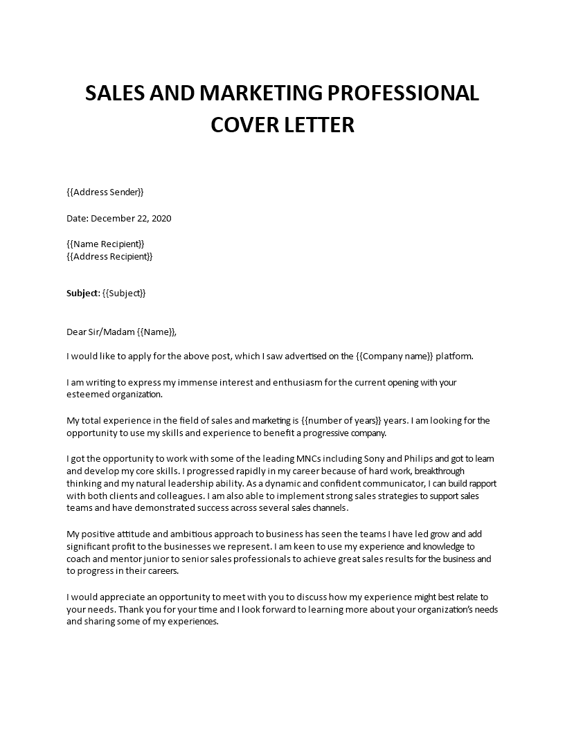 sales and marketing manager cover letter sample