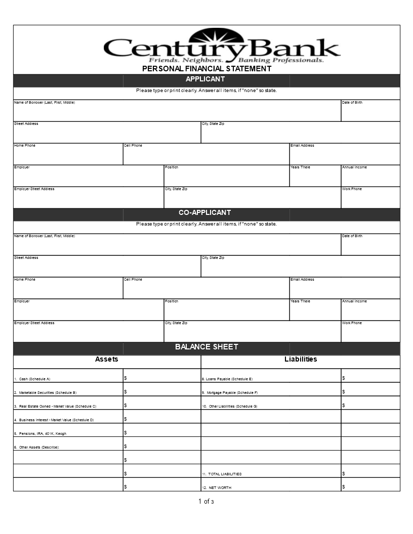 Balance Sheet Template for Personal Financial Statement | Schedule ...