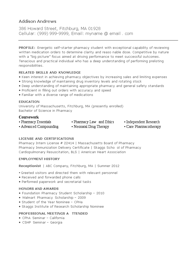 Pharmacy Curriculum Vitae