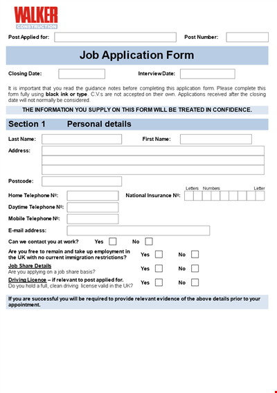 Free Job Application Form Template