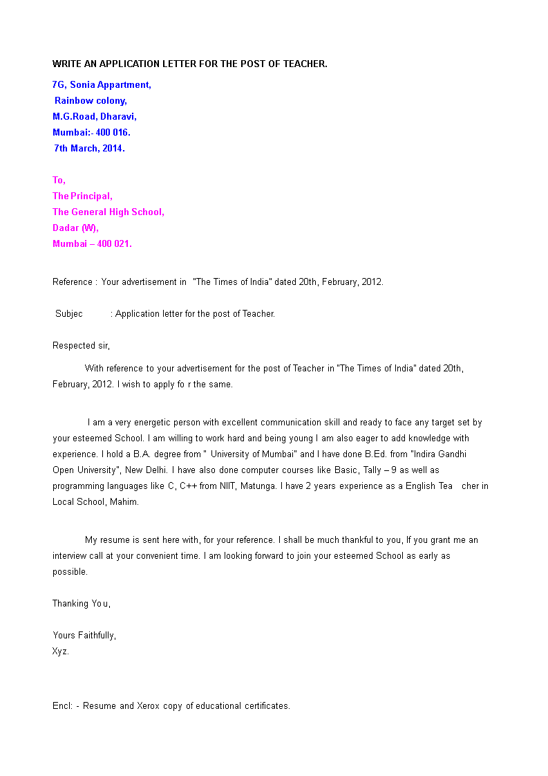 Simple Application Letter For Teacher Job