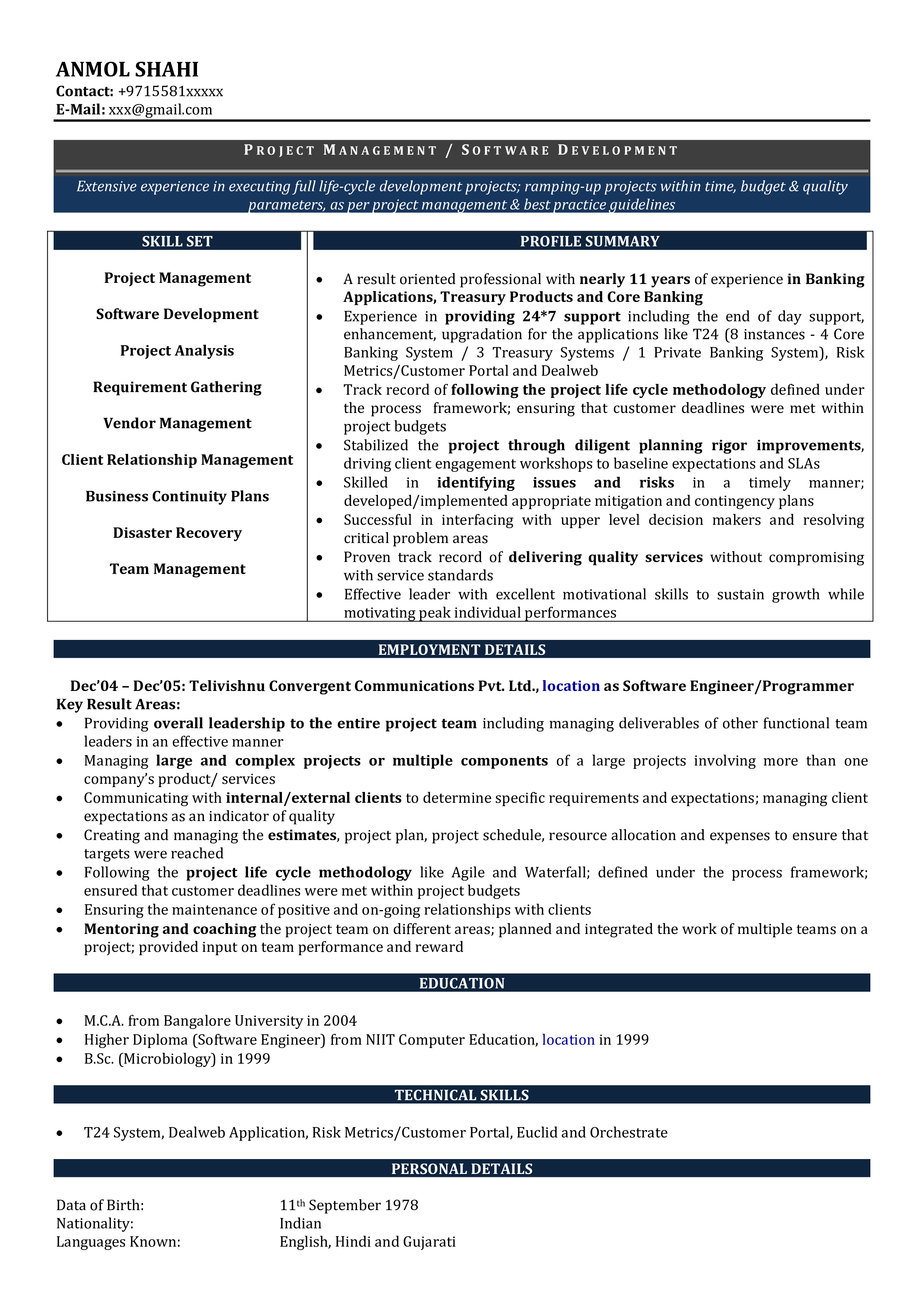 Experienced Professional Resume Format Project Management, Software