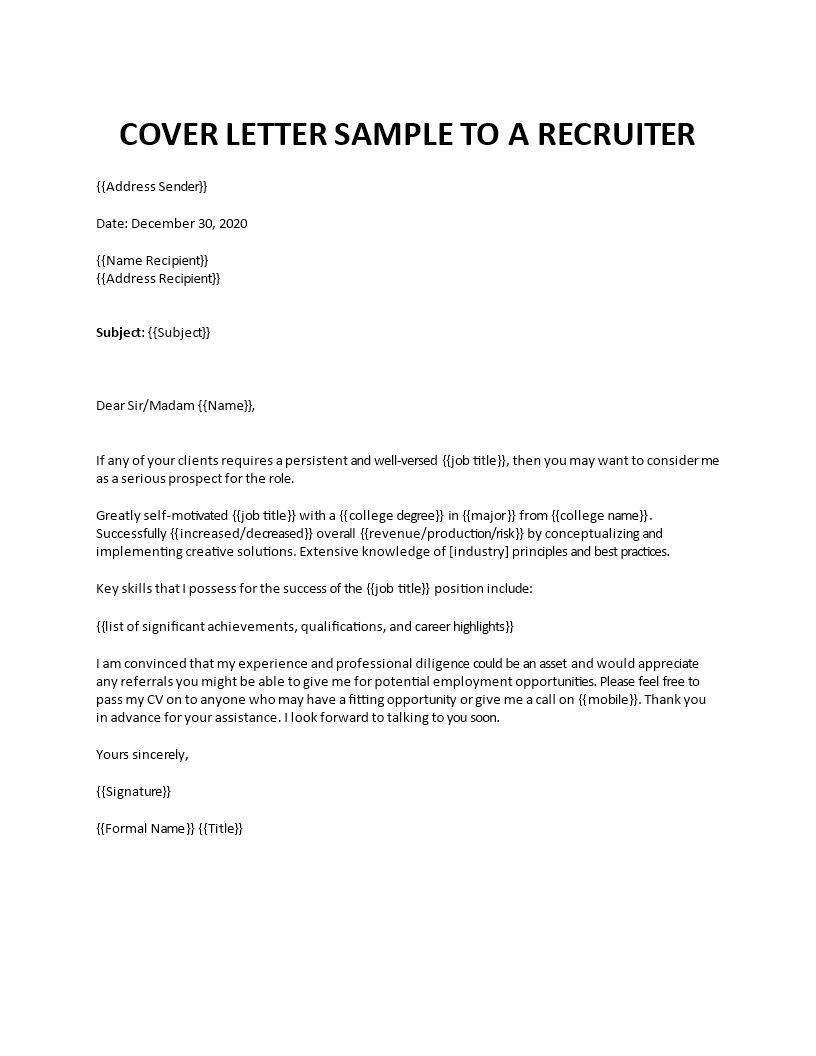example cover letter for recruiter job