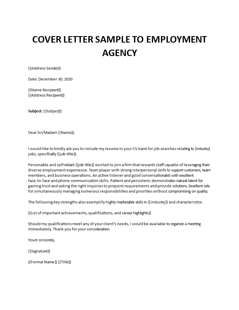 cover letter to employment agency
