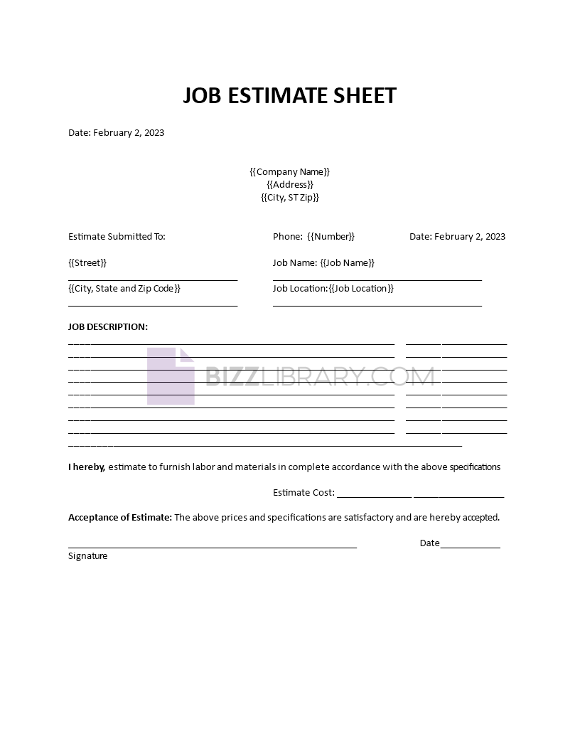 Job Estimate Sheet