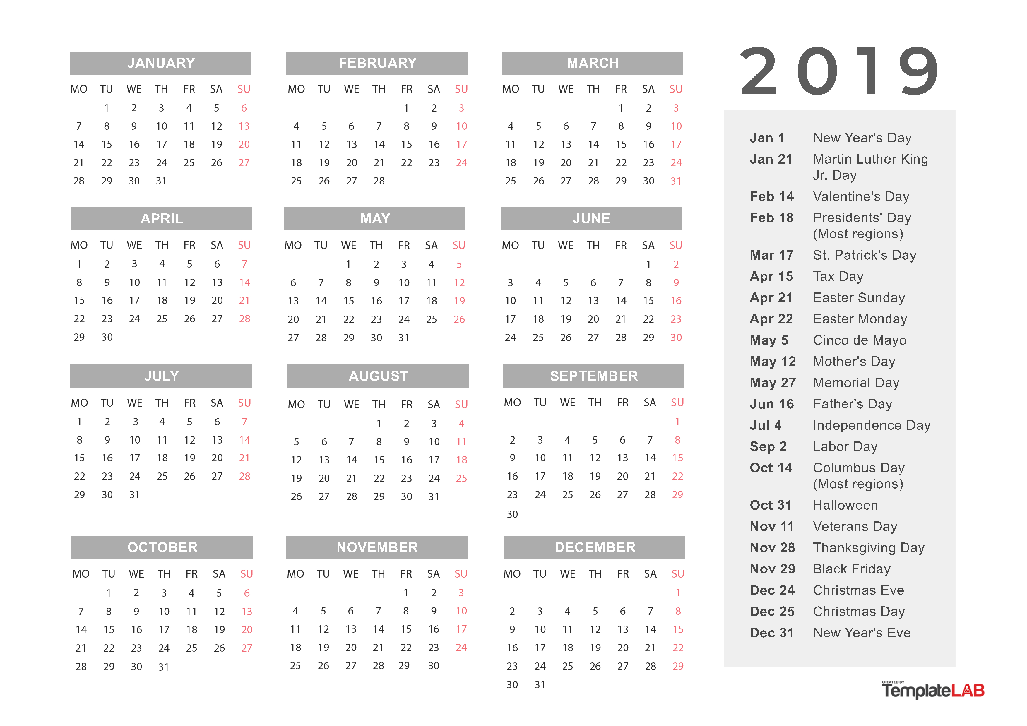 2022 Holidays Calendar Printable Template, Important Dates & Events