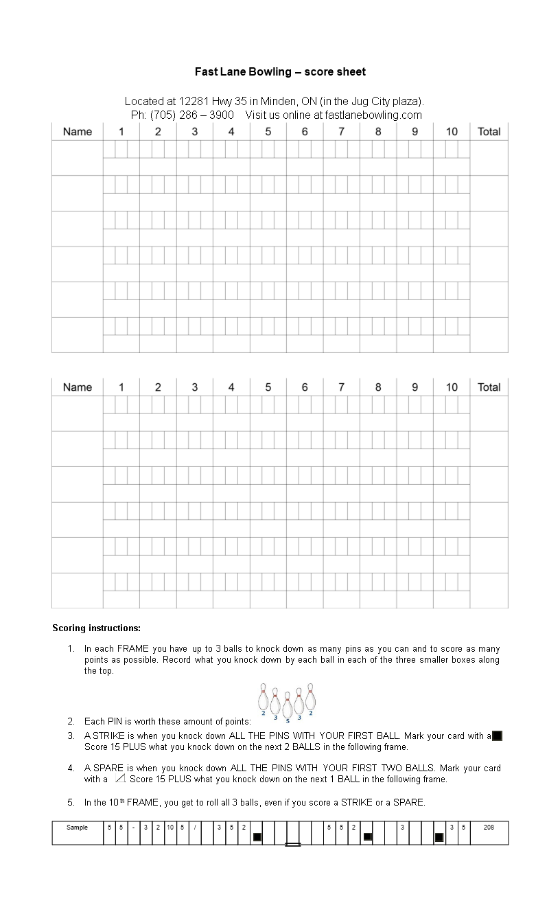 Fast Lane Bowling Score Sheet