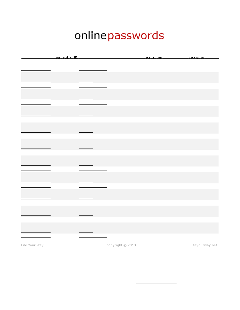 Password List Template - Manage Website Passwords & Usernames Online