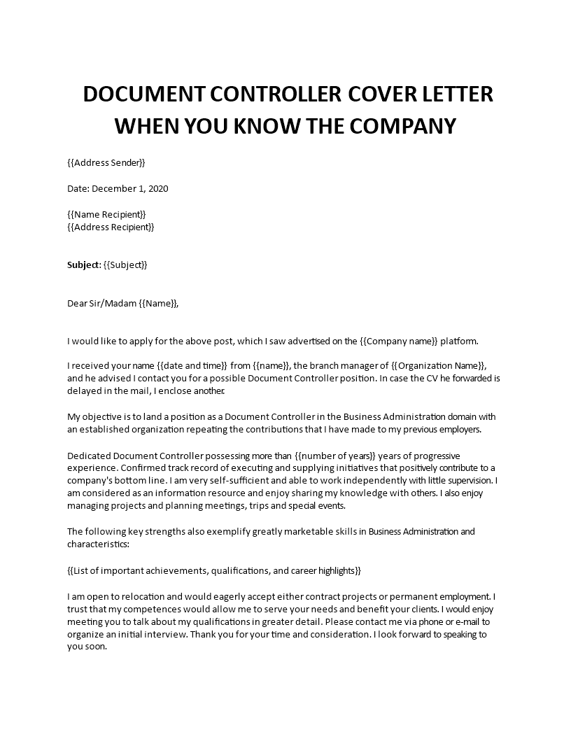 best cover letter for a document controller