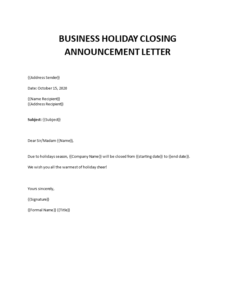 Business Holiday Closing Announcement Letter 