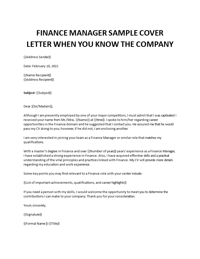 cover letter for finance manager job