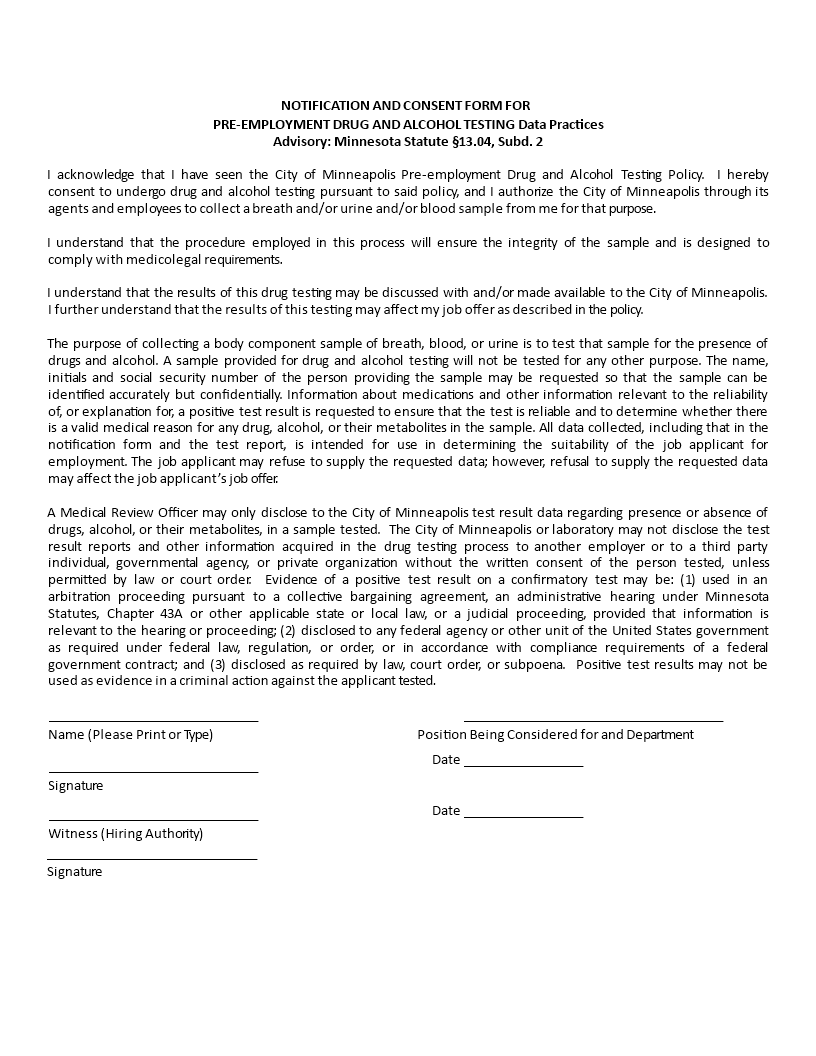 Drug Test Consent Notification Form