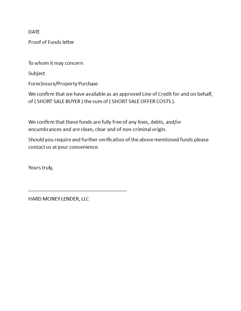 Proof of Funds Letter Template - Short, Validating Available Funds