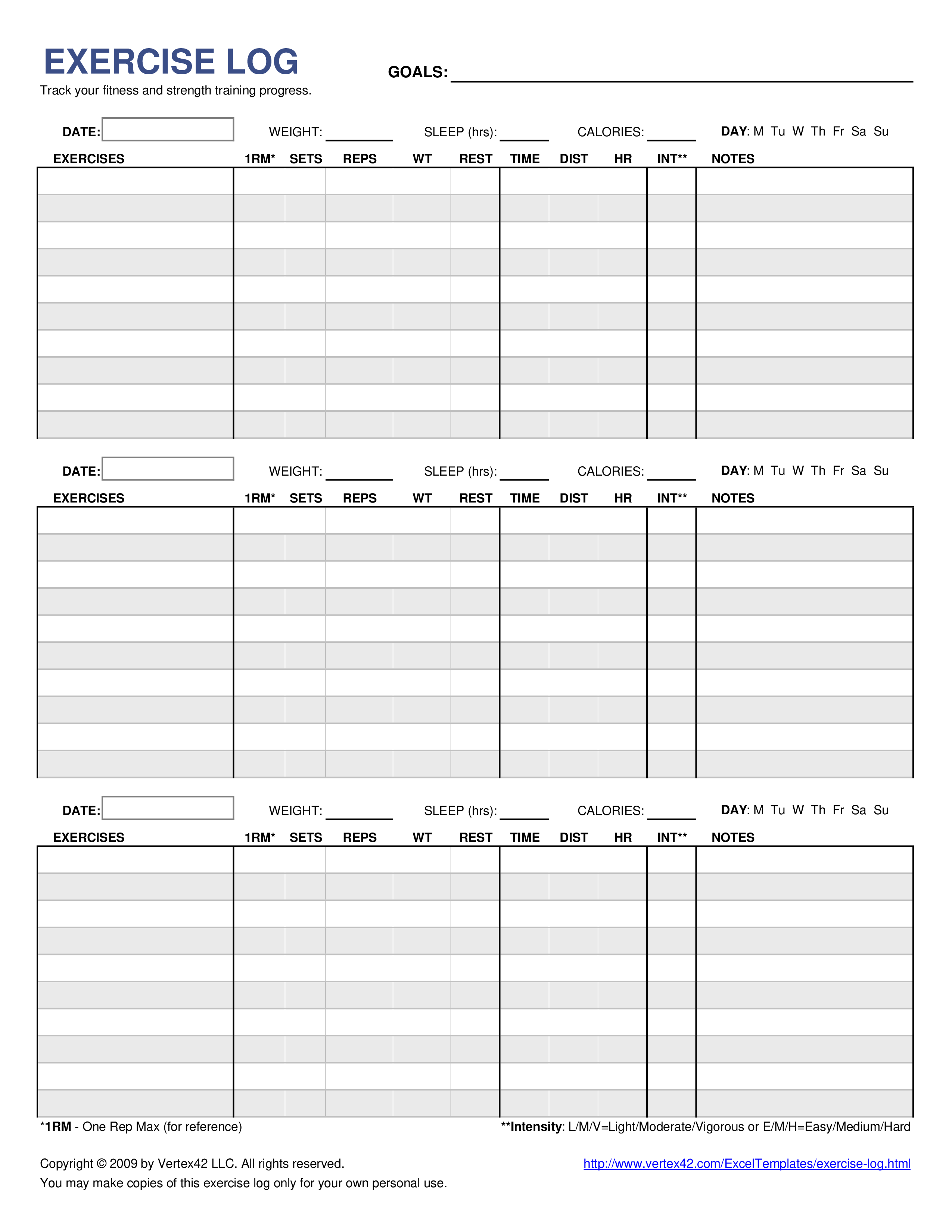 Printable Exercise Log