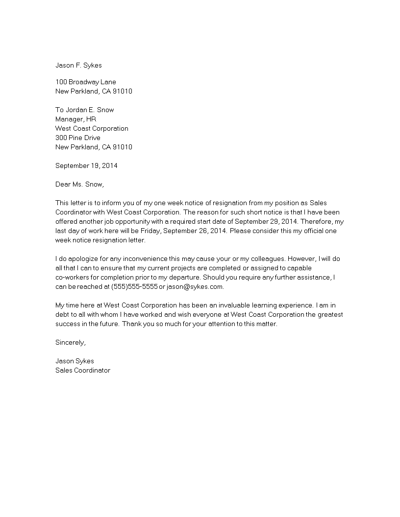 Standard Notice Resignation Letter