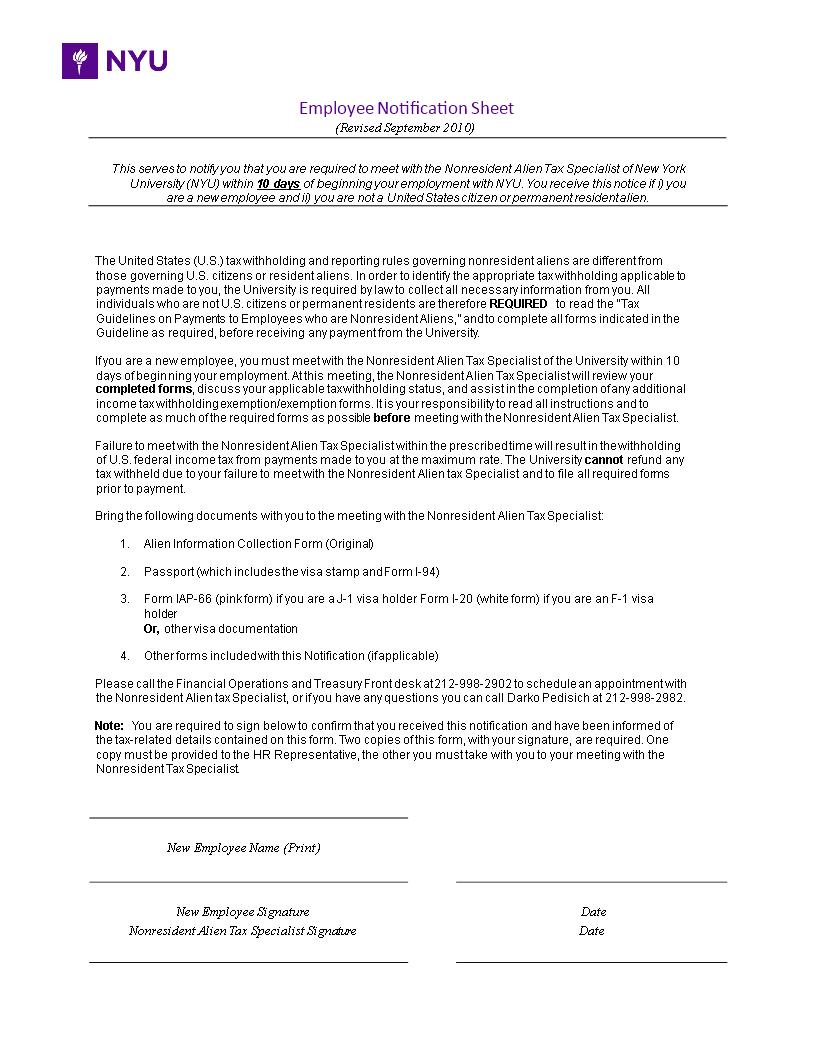 Sample Employee Sheet For Specialists: Required For Alien & Nonresident ...