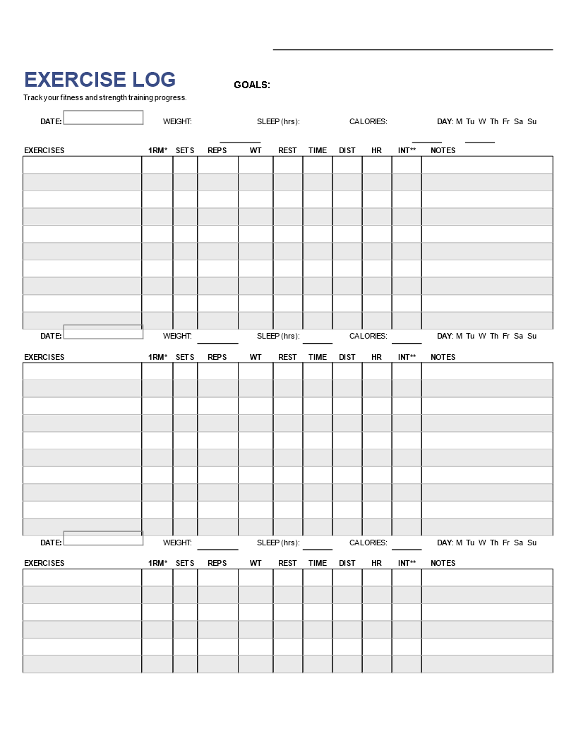 Printable Exercise Log - Track Your Weight and Exercise Progress