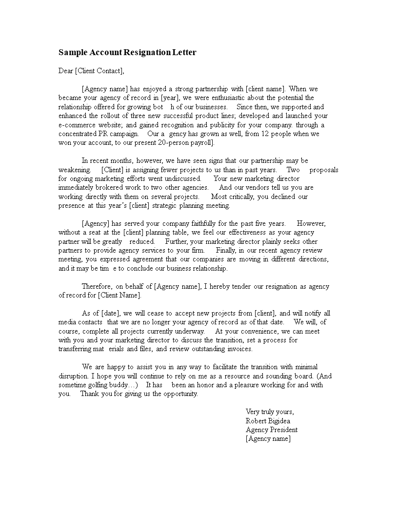 Sample Account Resignation Letter