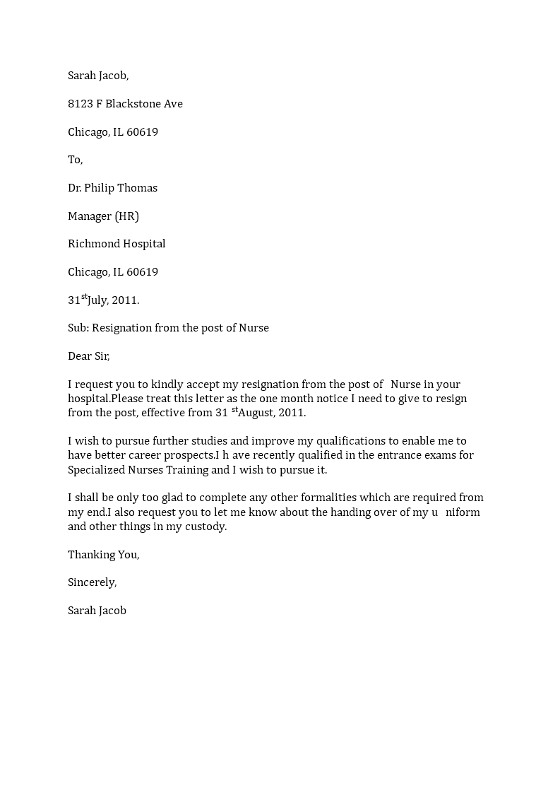 Free Nurse Resignation Letter