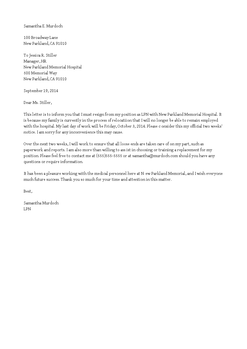 Resignation Letter Due To Relocation Examples