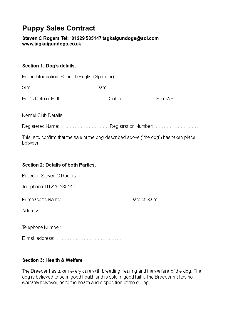 Dog Sale Contract Template