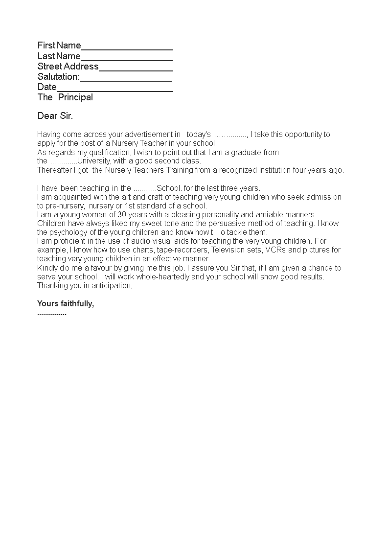 Job Application Letter For Nursery Teacher