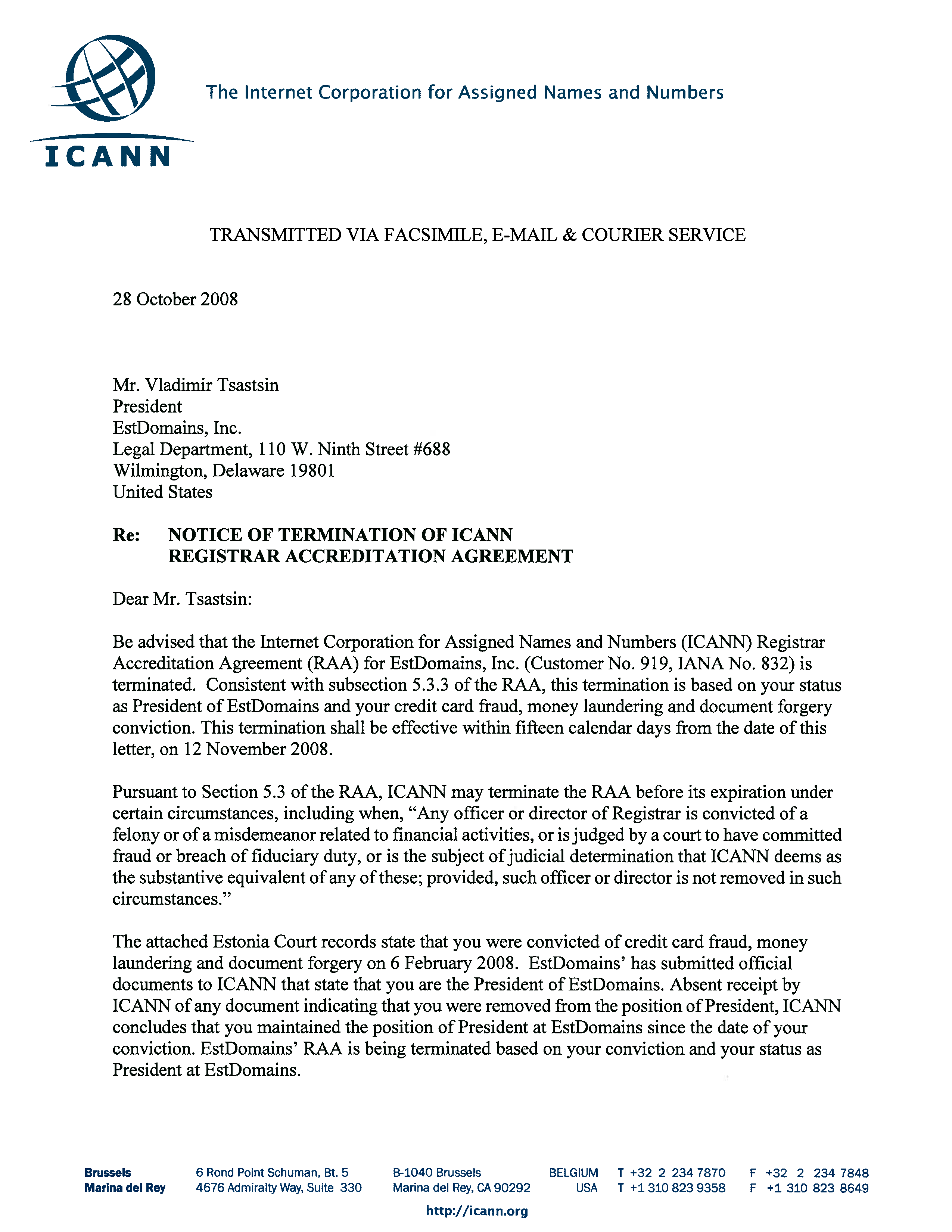 Official Notice Of Termination Letter