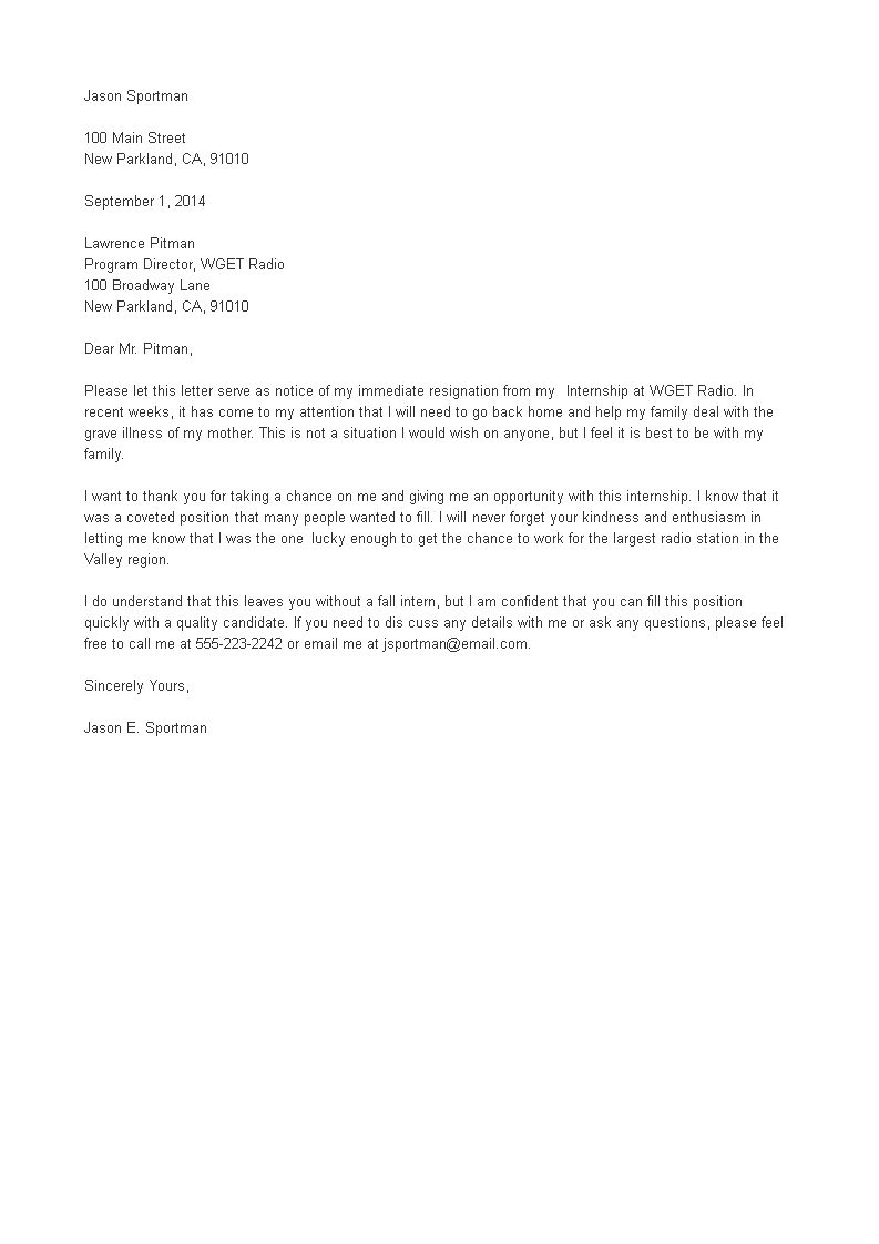 Immediate Internship Resignation Letter