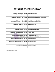 Postal Holidays 2023 USA