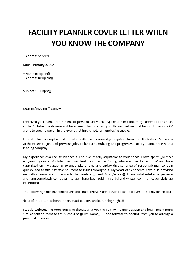 cover letter examples for facility manager