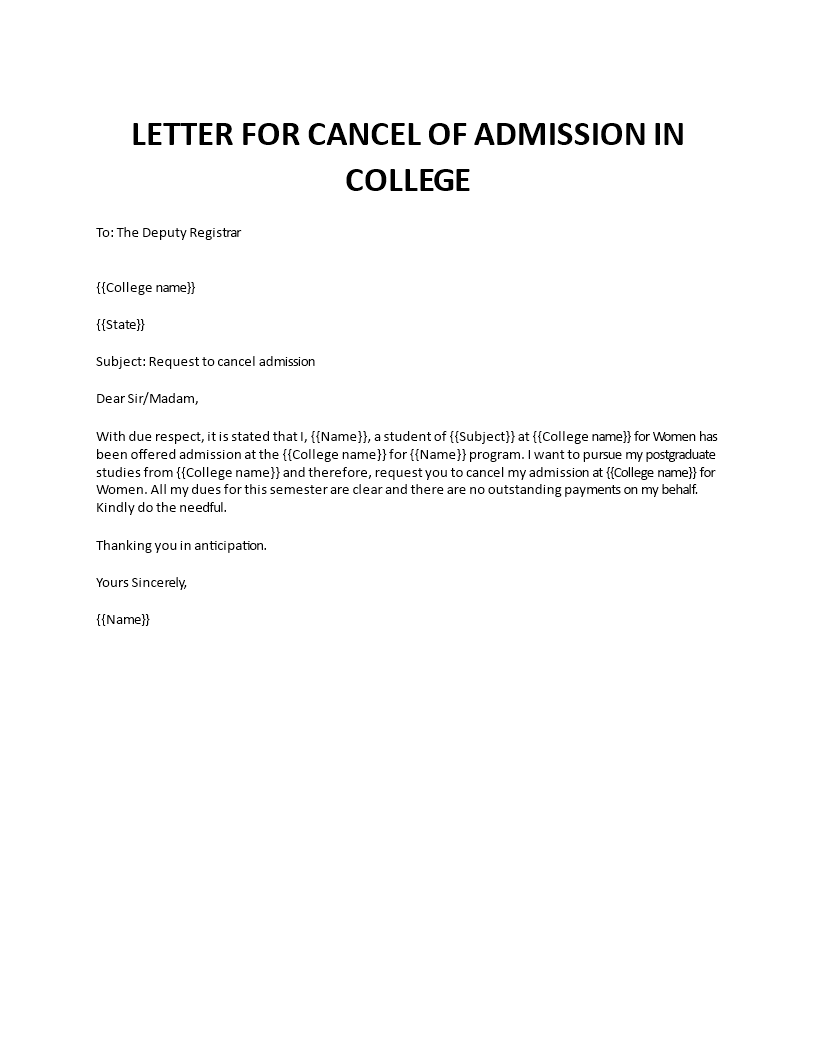 application letter for admission cancellation in college