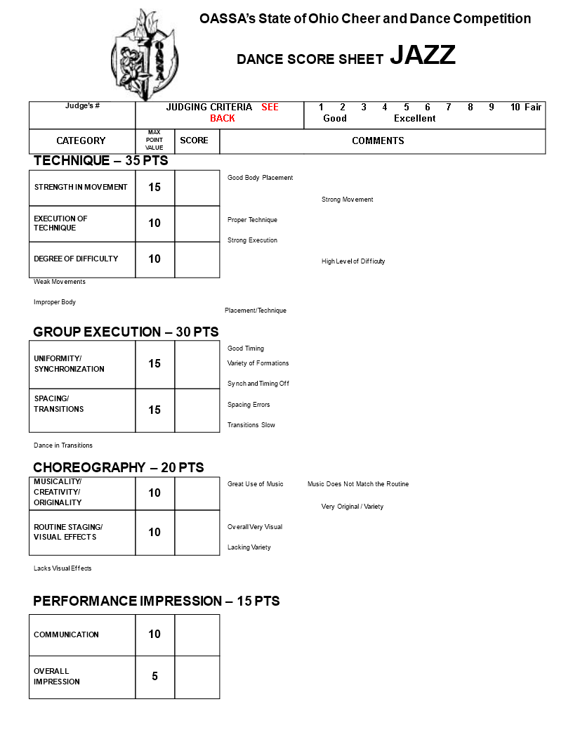 Dance Score Sheet Template - Evaluate Dance Routine Movement ...