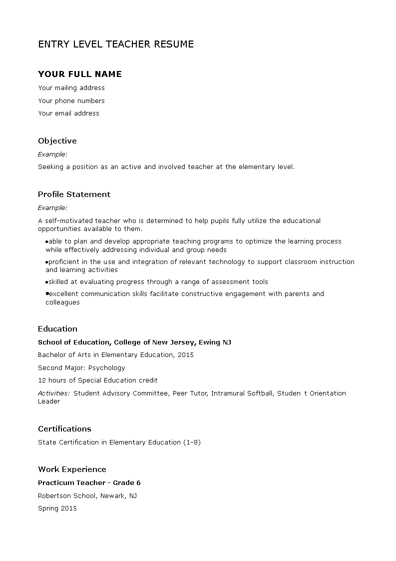 Entry Level Teacher Resume