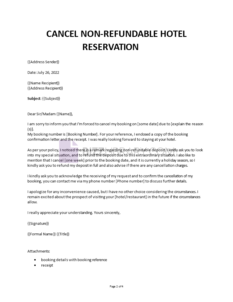 Sample cancellation letter for the hotel reservation | Bizzlibrary